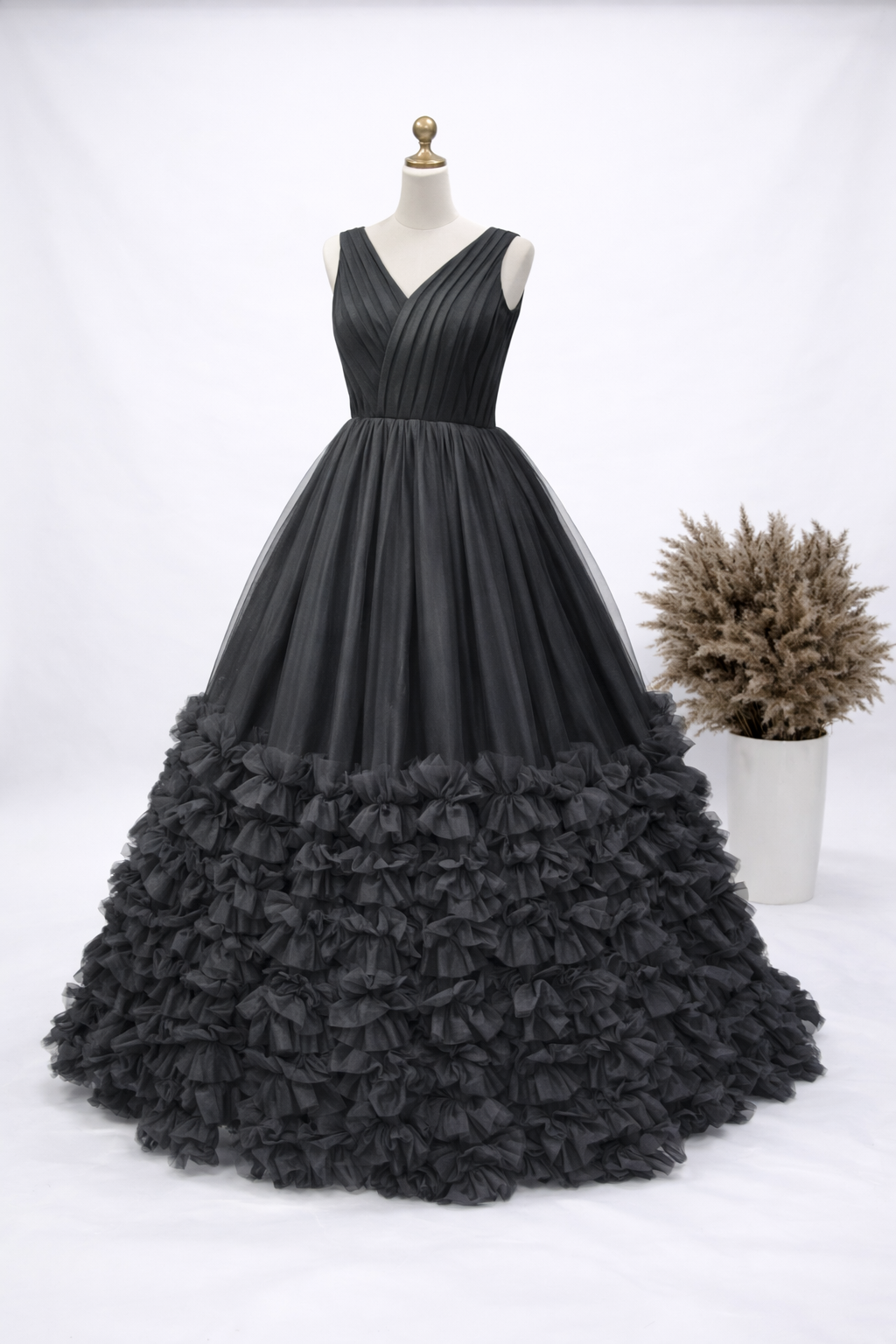 Midnight Elegance Ruffle Evening Gown