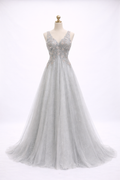 Silver Stardust Embroidered Evening Gown