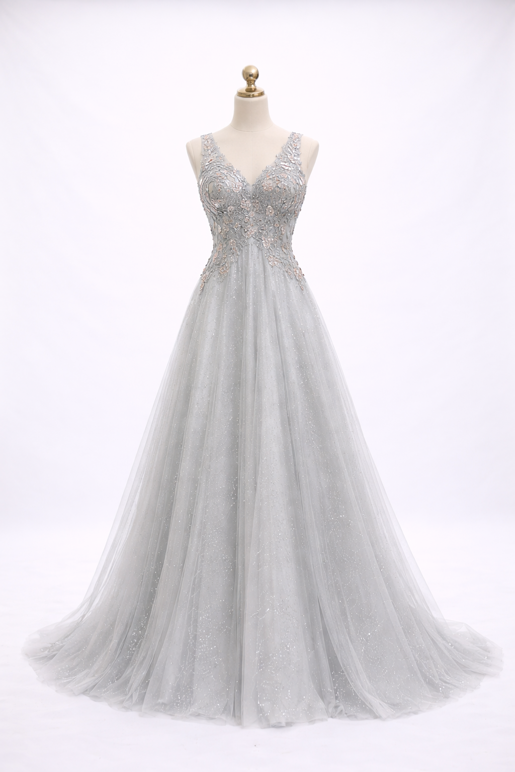 Silver Stardust Embroidered Evening Gown