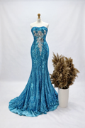 Ocean Blue Sequin Mermaid Evening Gown